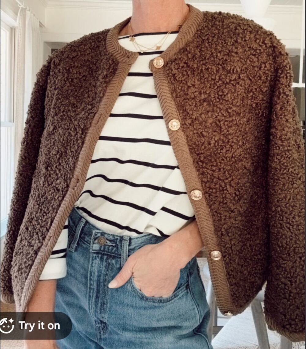 Pretty Garden Boucle Button Up Sweater Cardigan Jacket Brown Small